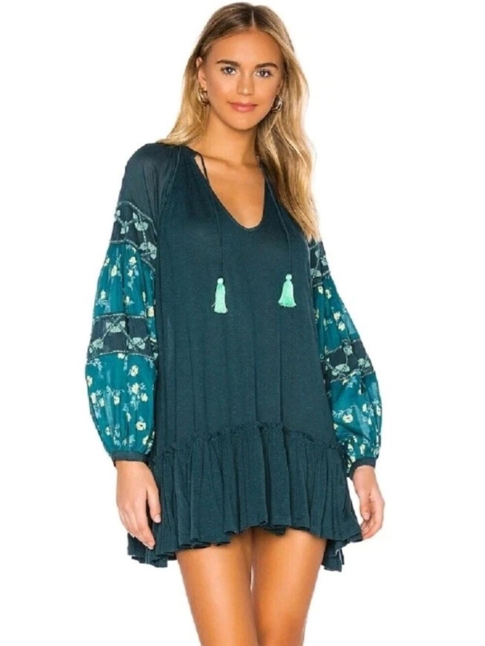 Free People Dress Women Green "mix it up" Beaded Tunic mini